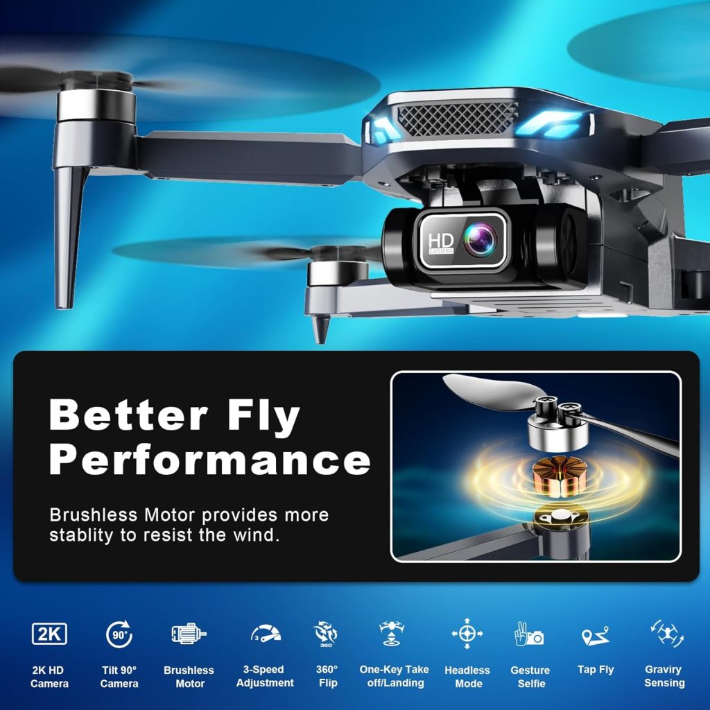 Drone with Camera, 2K FPV Drone with Brushless Motor, Altitude Hold, Gesture Selfie, One Key Take Off/Landing, 3D Flips, Waypoint Fly, 2 Batteries, Foldable Mini Drones for Kids and Beginners